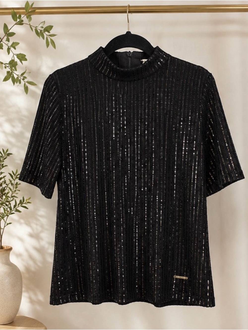 Anne Klein Black Metallic Ribbed Short Sleeve Top - Picture 1 of 2